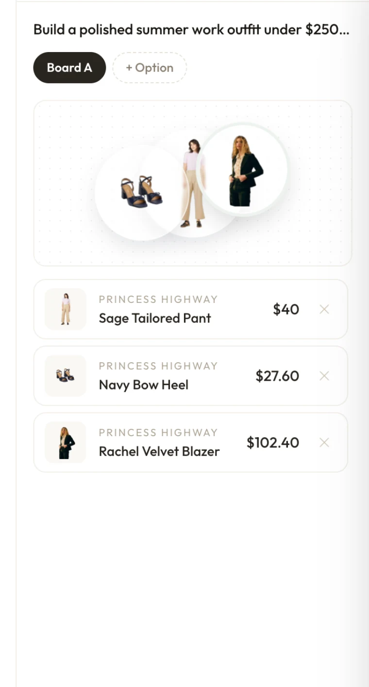 Close-up of a Shaupa board showing three Princess Highway products with a $170 total.
