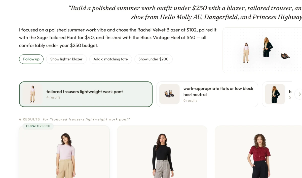 Close-up of Shaupa conversational search interpreting a fashion outfit brief and grouping real product results.