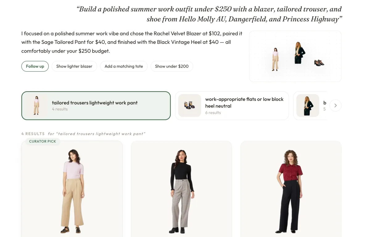 Close-up of live Shaupa fashion discovery results showing the outfit query, guided refinements and approved retailer products.