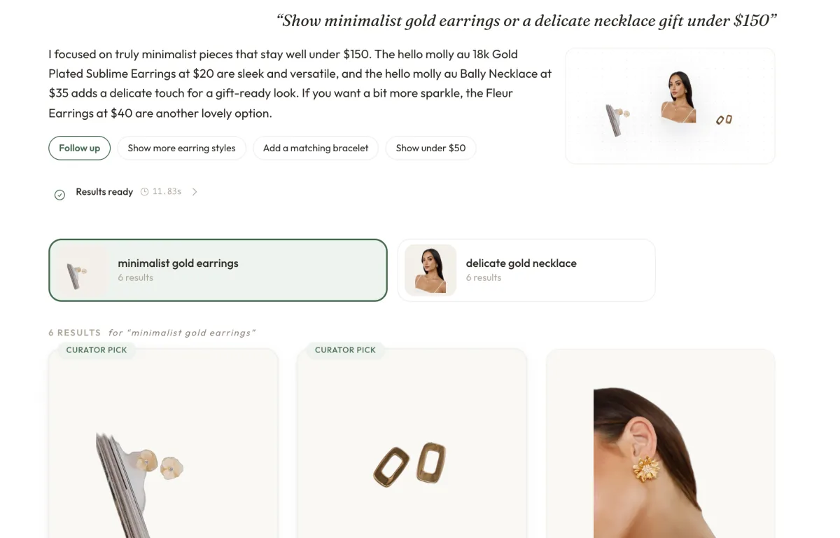 Close-up of live Shaupa jewellery discovery results showing guided recommendations under a stated budget.