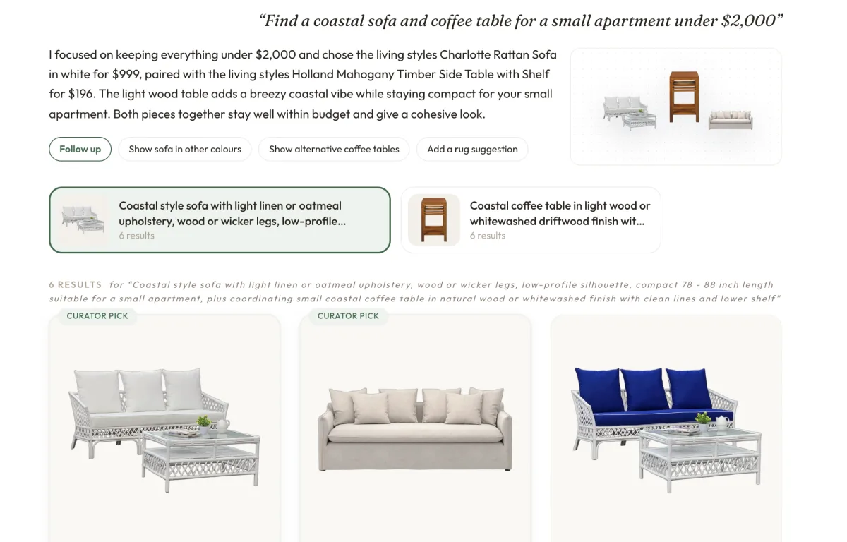 Close-up of live Shaupa home discovery results showing the room query, sofa recommendations and retailer products.