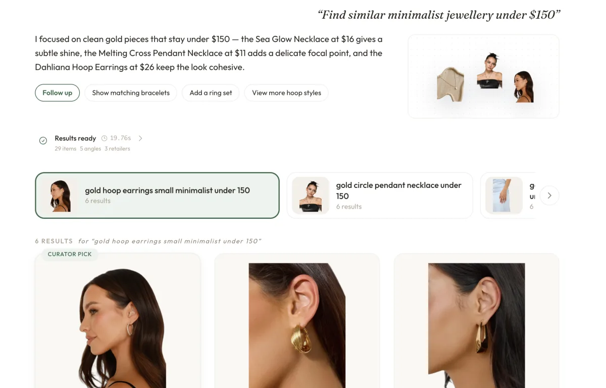 Close-up of live Shaupa image-guided discovery results showing similar minimalist jewellery products.