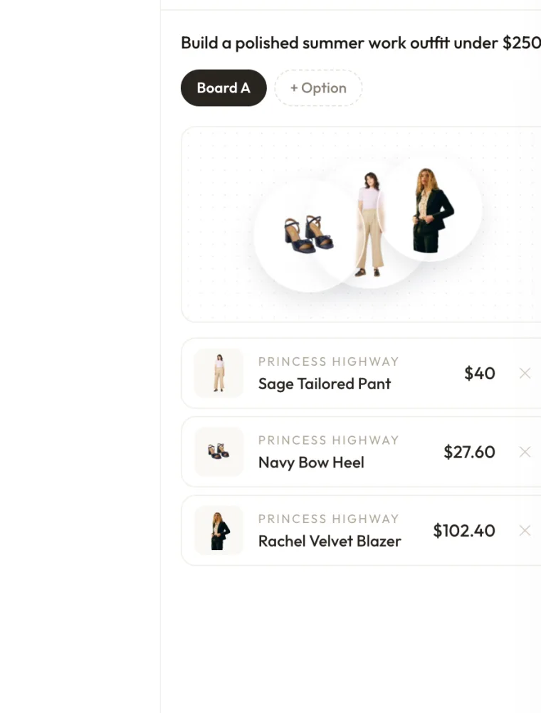 Close-up of a live Shaupa board with pinned outfit products and total price.