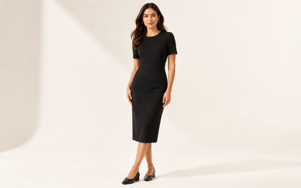 Generated virtual try-on preview of a black work outfit with heels and earrings